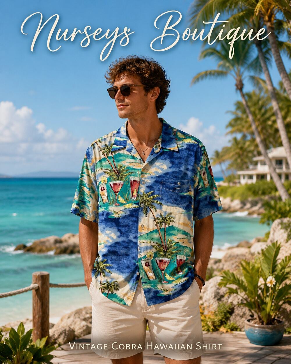 Vintage Cobra Rayon Hawaiian Shirt Men’s M Tropical Cocktail Palm Tree